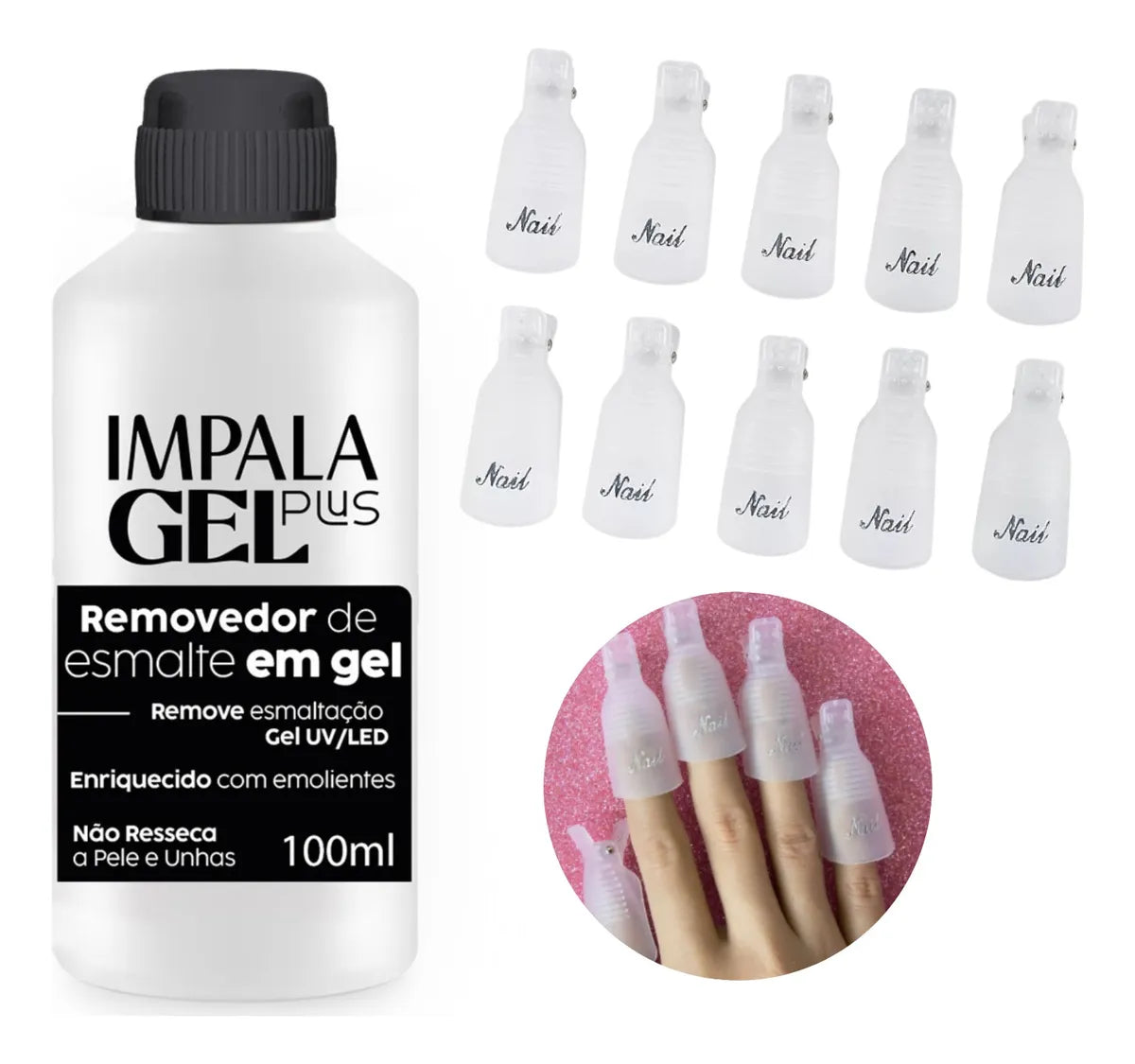 Kit Impala Removedor Esmalte Gel 100ml + 10 Dedeiras